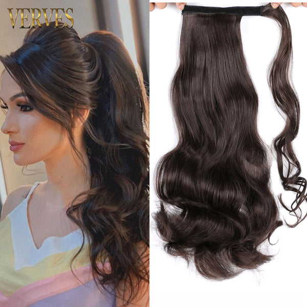 Qp hairVERVES Synthetic Clip In Ponytail Body Wavy Wrap Around Hair Extension Heat Reistan Pony Tail Ombre Hair For Women Black Brown