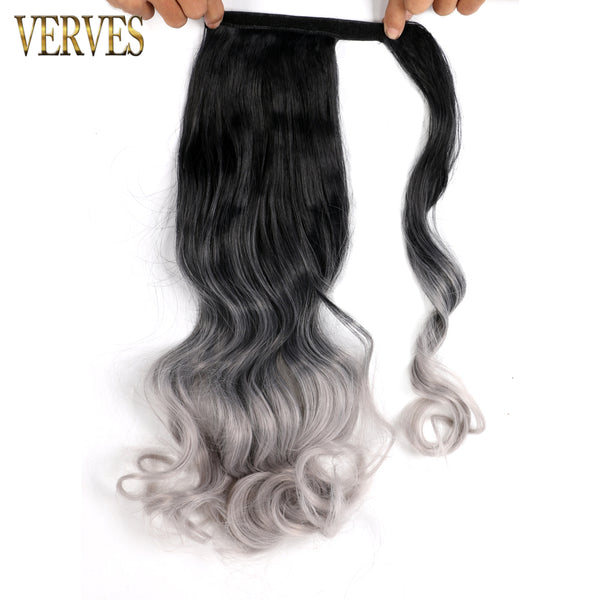 Qp hairVERVES Synthetic Clip In Ponytail Body Wavy Wrap Around Hair Extension Heat Reistan Pony Tail Ombre Hair For Women Black Brown