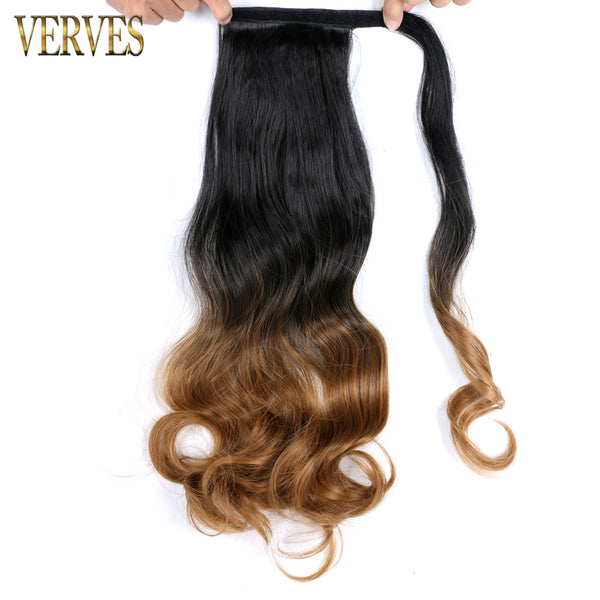 Qp hairVERVES Synthetic Clip In Ponytail Body Wavy Wrap Around Hair Extension Heat Reistan Pony Tail Ombre Hair For Women Black Brown