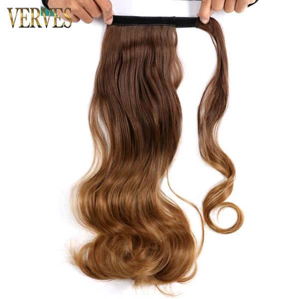 Qp hairVERVES Synthetic Clip In Ponytail Body Wavy Wrap Around Hair Extension Heat Reistan Pony Tail Ombre Hair For Women Black Brown