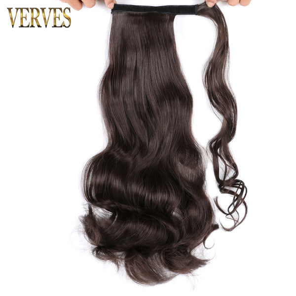 Qp hairVERVES Synthetic Clip In Ponytail Body Wavy Wrap Around Hair Extension Heat Reistan Pony Tail Ombre Hair For Women Black Brown