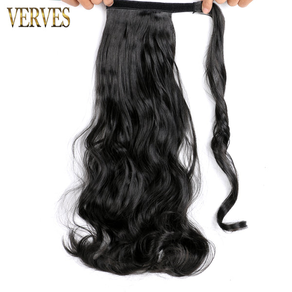 Qp hairVERVES Synthetic Clip In Ponytail Body Wavy Wrap Around Hair Extension Heat Reistan Pony Tail Ombre Hair For Women Black Brown