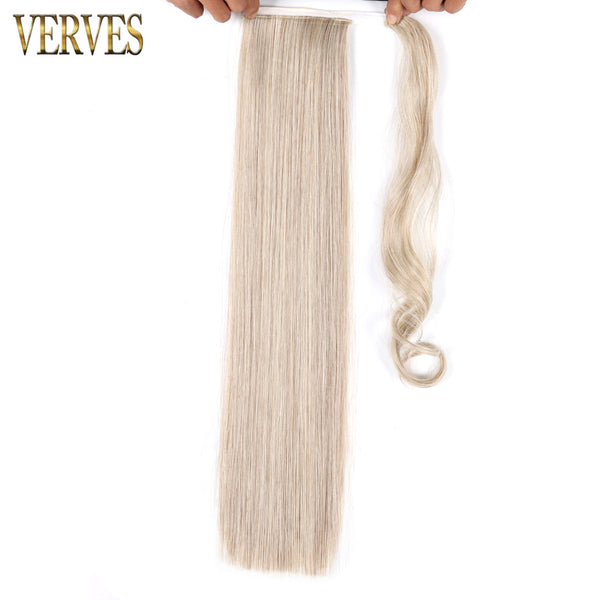 Qp hairVERVES Synthetic Long Straight Wrap Around Clip In Ponytail Hair Extension 22'' Heat Reistan Pony Tail Ombre Fake Hair For Women