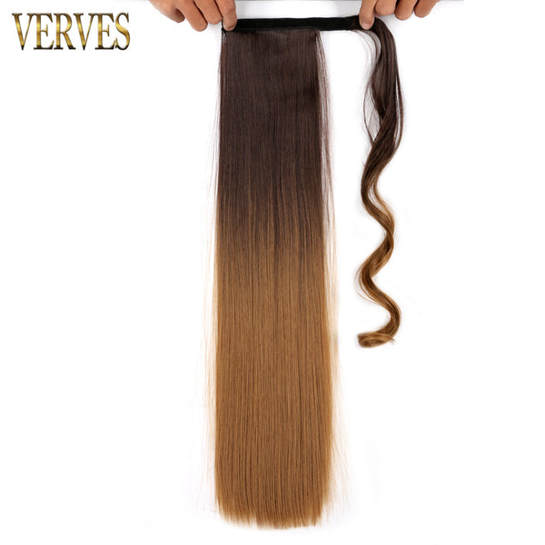 Qp hairVERVES Synthetic Long Straight Wrap Around Clip In Ponytail Hair Extension 22'' Heat Reistan Pony Tail Ombre Fake Hair For Women
