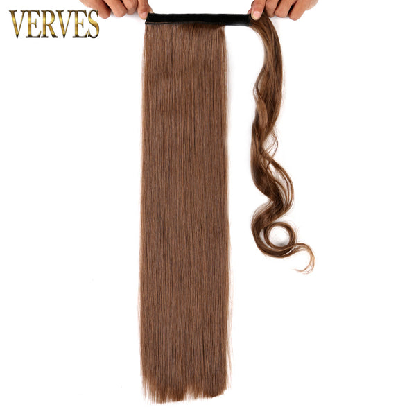 Qp hairVERVES Synthetic Long Straight Wrap Around Clip In Ponytail Hair Extension 22'' Heat Reistan Pony Tail Ombre Fake Hair For Women