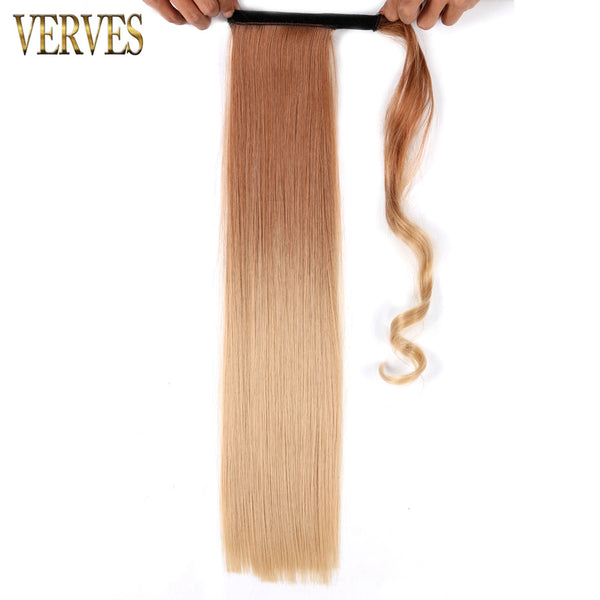 Qp hairVERVES Synthetic Long Straight Wrap Around Clip In Ponytail Hair Extension 22'' Heat Reistan Pony Tail Ombre Fake Hair For Women