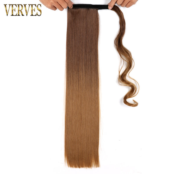 Qp hairVERVES Synthetic Long Straight Wrap Around Clip In Ponytail Hair Extension 22'' Heat Reistan Pony Tail Ombre Fake Hair For Women