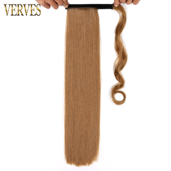 Qp hairVERVES Synthetic Long Straight Wrap Around Clip In Ponytail Hair Extension 22'' Heat Reistan Pony Tail Ombre Fake Hair For Women