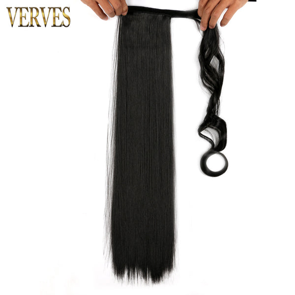 Qp hairVERVES Synthetic Long Straight Wrap Around Clip In Ponytail Hair Extension 22'' Heat Reistan Pony Tail Ombre Fake Hair For Women