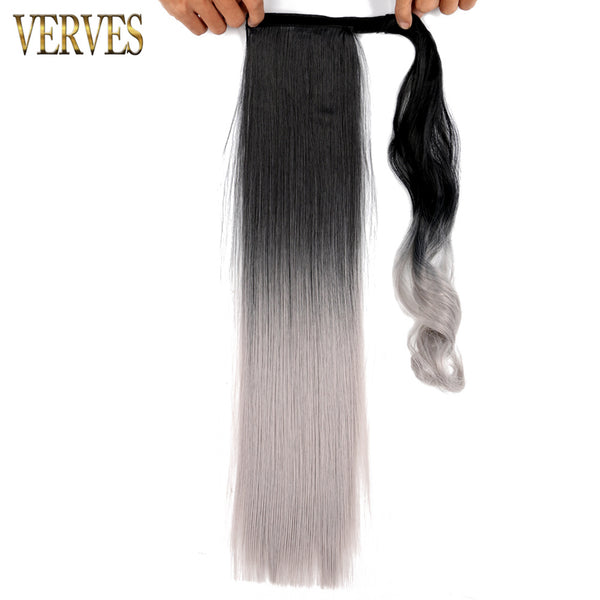 Qp hairVERVES Synthetic Long Straight Wrap Around Clip In Ponytail Hair Extension 22'' Heat Reistan Pony Tail Ombre Fake Hair For Women