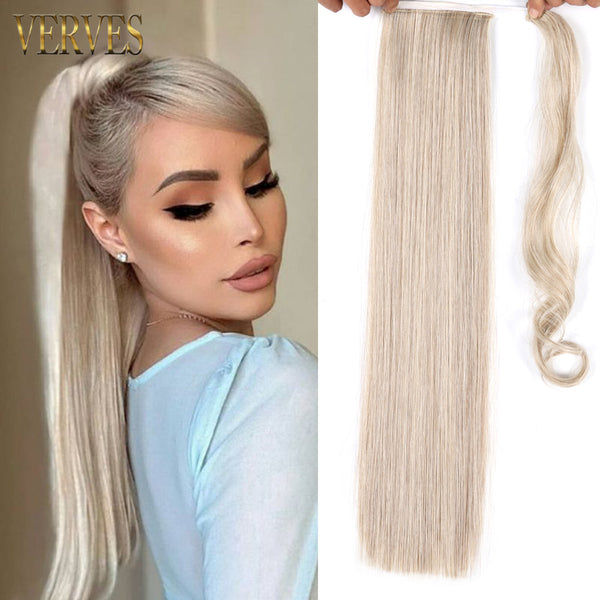 Qp hairVERVES Synthetic Long Straight Wrap Around Clip In Ponytail Hair Extension 22'' Heat Reistan Pony Tail Ombre Fake Hair For Women